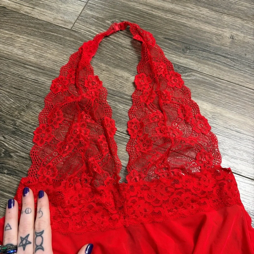 90s/Y2K European Vintage René Rofé Mesh/Lace Halter Babydoll Lingerie Slip Red M